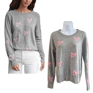 WHITE + WARREN 100% Cashmere Graffiti Heart Intarsia Gray Pullover Sweater Size